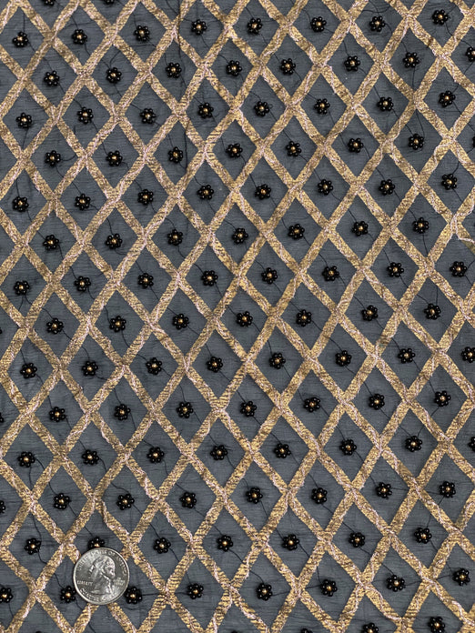 Black Gold Sequin & Beads On Silk Chiffon JEC-001 Fabric