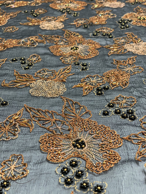 Black Sequin & Beads On Silk Chiffon JEC-126 Fabric