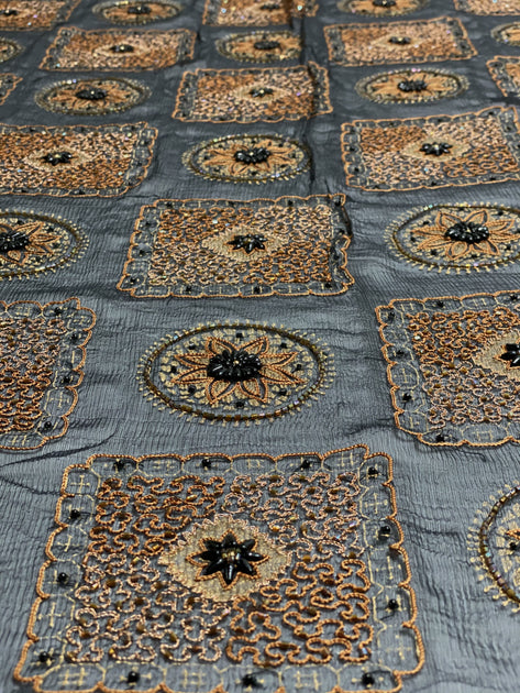 Dark Gold Sequins & Beads on Chiffon Fabric