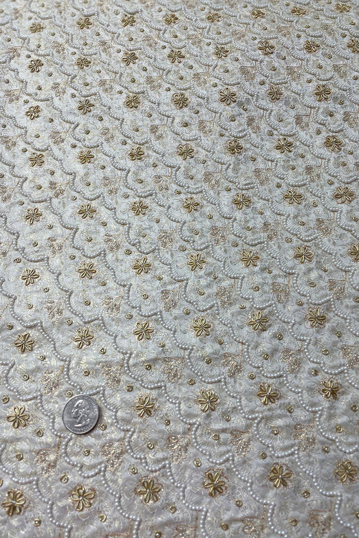 Gold Embroidery with White Pearls on Cream Gold