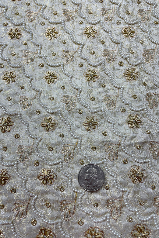 Gold Embroidery with White Pearls on Cream Gold