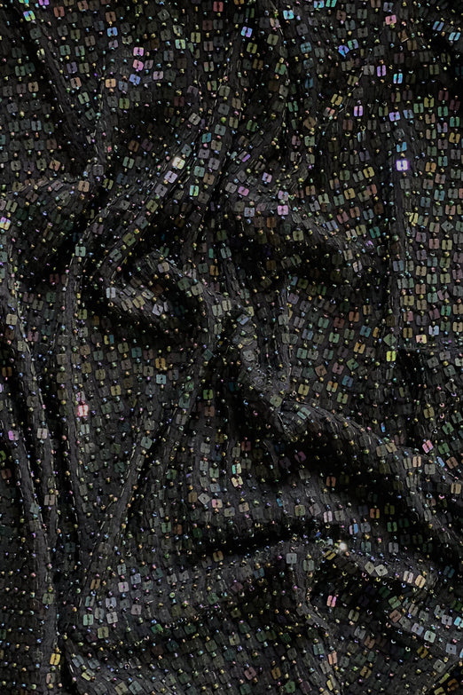 Iridescent Navy Sequin & Beads on Silk Chiffon JEC-184-6