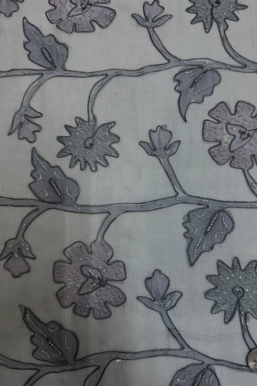 Silver Gray Sequin & Beads on Silk Chiffon JEC-194-1