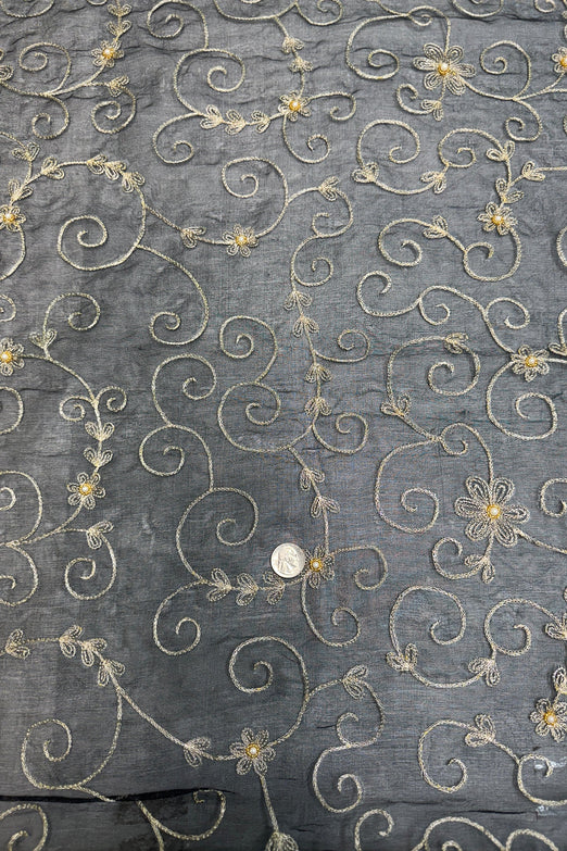 Metallic Silver Floral on White Organza With Pearls Embroidered Organza