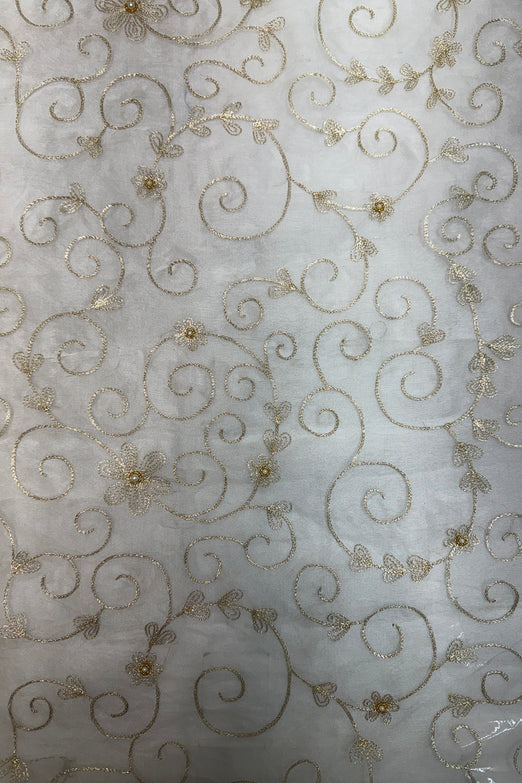 Metallic Silver Floral on White Organza With Pearls Embroidered Organza