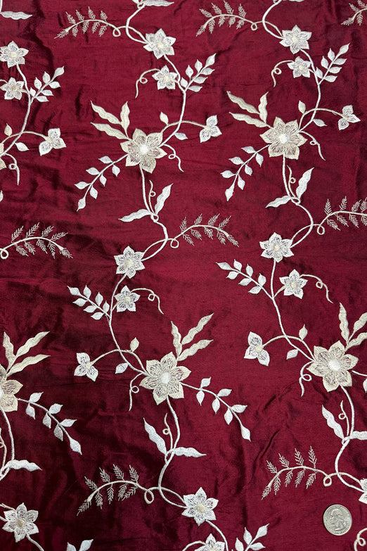 Maroon/White Embroidered Dupioni Silk