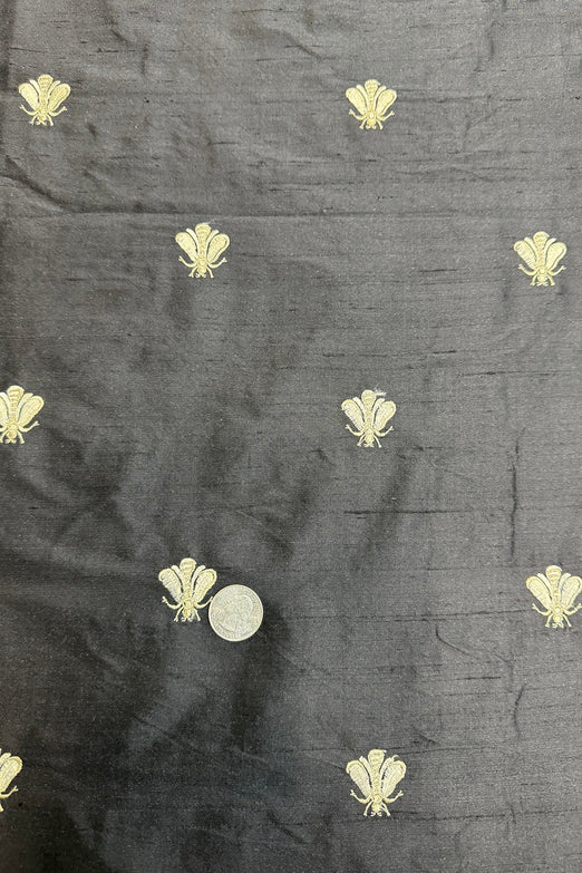 Butterfly Embroidery on Black Shantung Embroidered Dupioni Silk