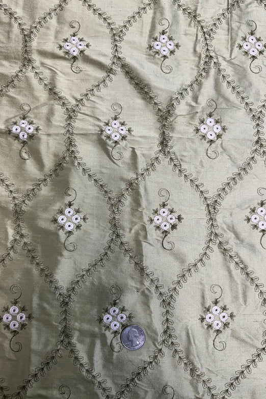 White French Embroidery on Mint Shantung Embroidered Dupioni Silk