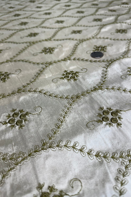 Light Green French Embroidery on Cream Shantung Embroidered Dupioni Silk