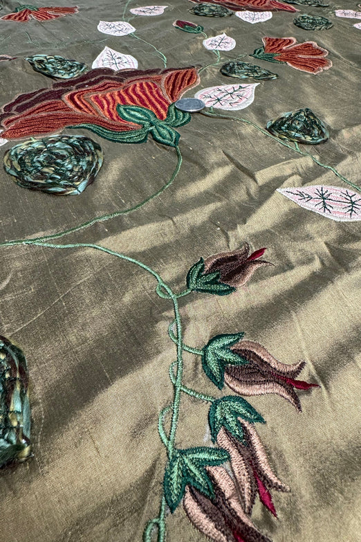 Multicolor Flowers on Bronze Shantung Embroidered Dupioni Silk