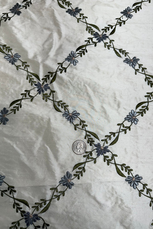 Floral Diamond on Ivory Shantung Embroidered Dupioni Silk