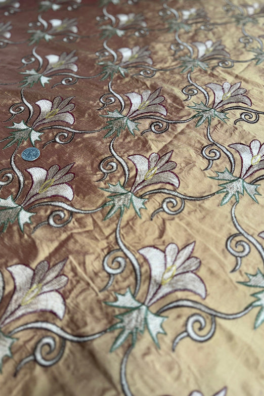 Floral On Bronze Gold Shantung Embroidered Dupioni Silk