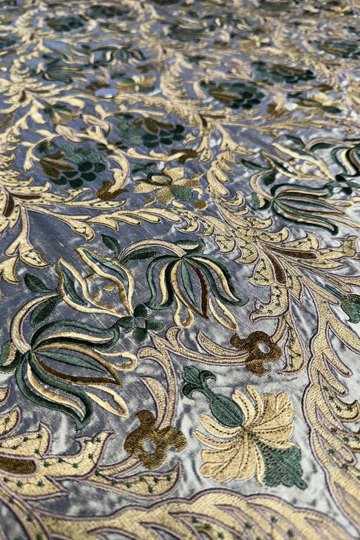 Nature Brocade on Olive Gold Shantung Embroidered Dupioni Silk