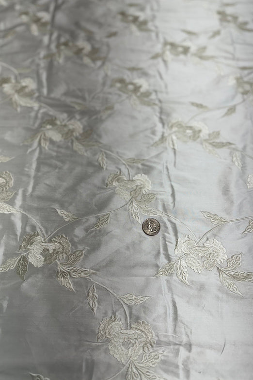White Flowers on Royal White Shantung Embroidered Dupioni Silk