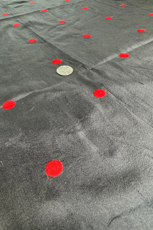 Red Dots on Black Shantung Embroidered Dupioni Silk