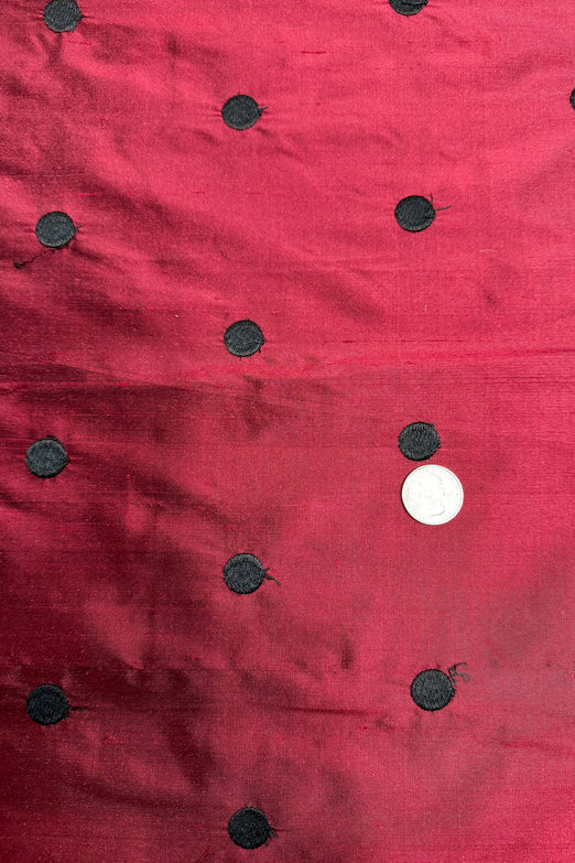 Black Dots on Wine Shantung Embroidered Dupioni Silk