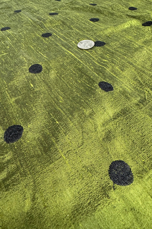 Black Dots on Peridot Green Shantung Embroidered Dupioni Silk