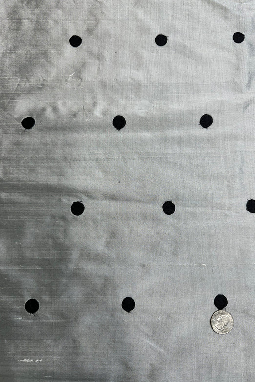 Black Dots on Silver Shantung Embroidered Dupioni Silk