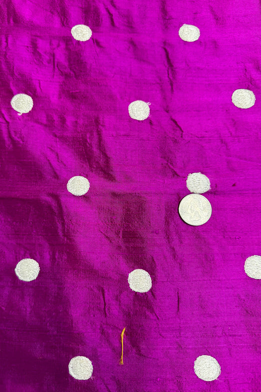 White Dots on Fuchsia Shantung Embroidered Dupioni Silk