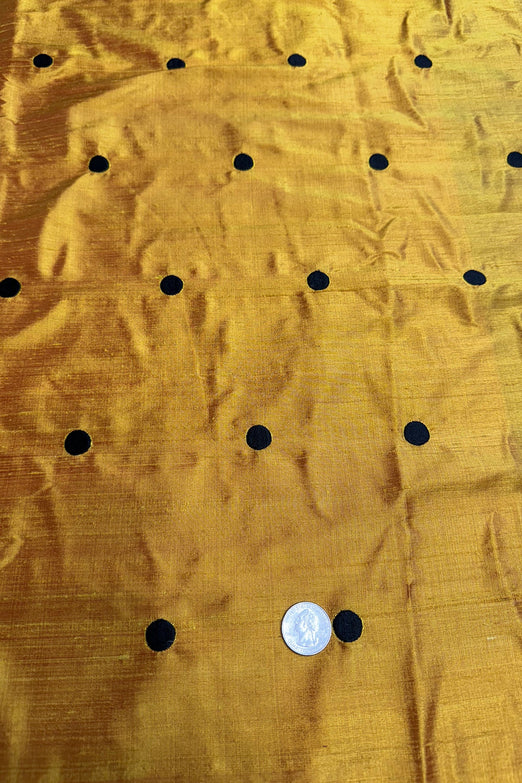 Black Dots on Yellow Golden Dupioni Embroidered Dupioni Silk