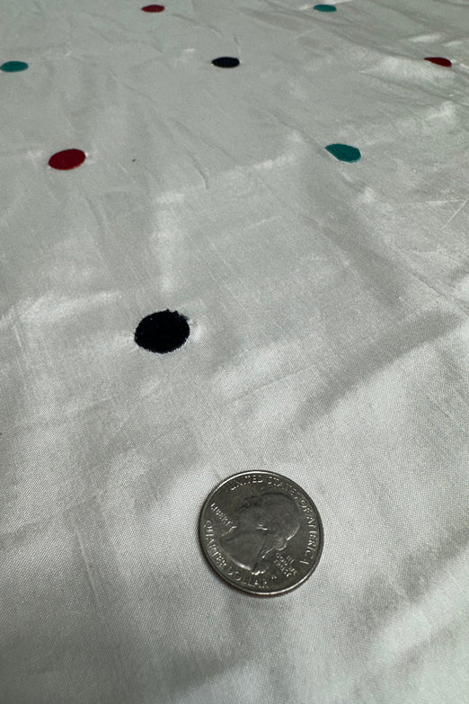 Multicolor Dots on White Shantung Embroidered Dupioni Silk
