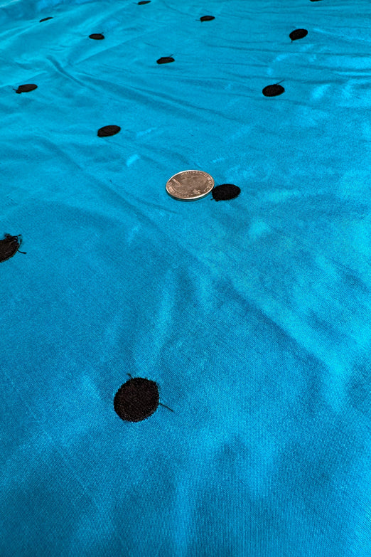 Black Dots on Ocean Blue Shantung Embroidered Dupioni Silk