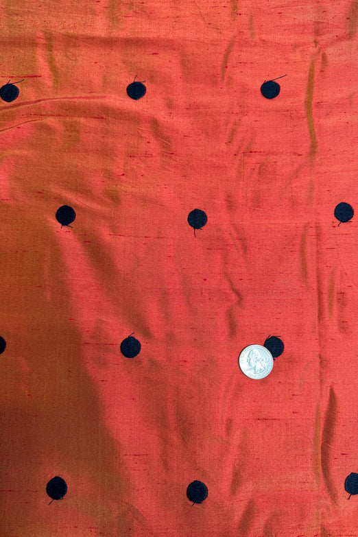 Black Dots on Orange Yellow Shantung Embroidered Dupioni Silk