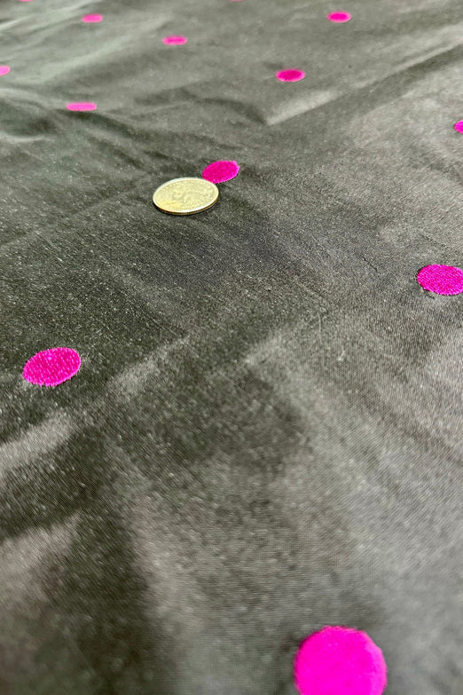 Fuchsia Dots on Black Shantung Embroidered Dupioni Silk