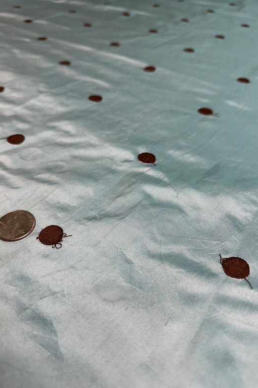 Chocolate Dots on Light Blue Shantung Embroidered Dupioni Silk