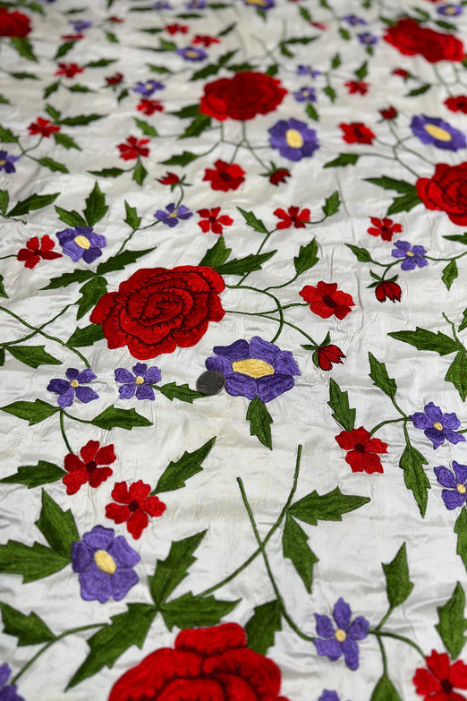 Bright Rose on Cream Shantung Embroidered Dupioni Silk