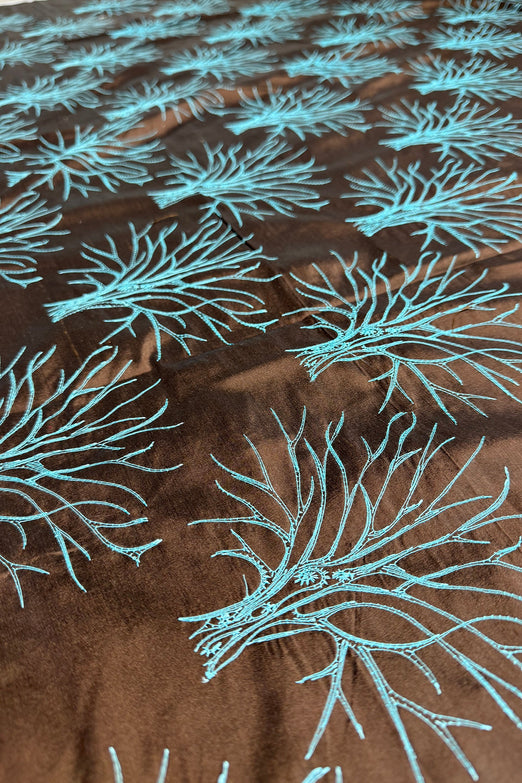 Aqua Tree on Chocolate Embroidered Silk