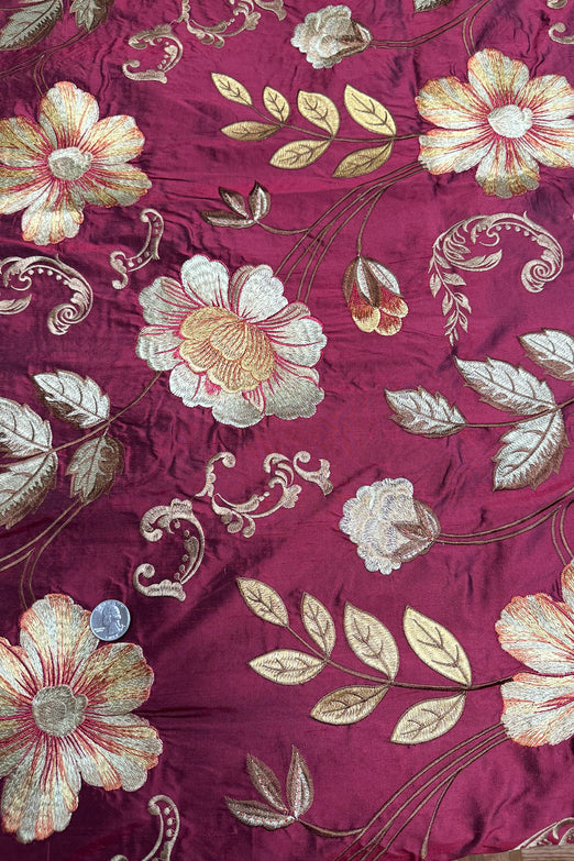 Flowers on Blood Red Embroidered Silk