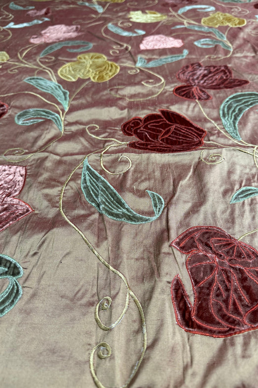 Flowers on Red Bronze Embroidered Silk