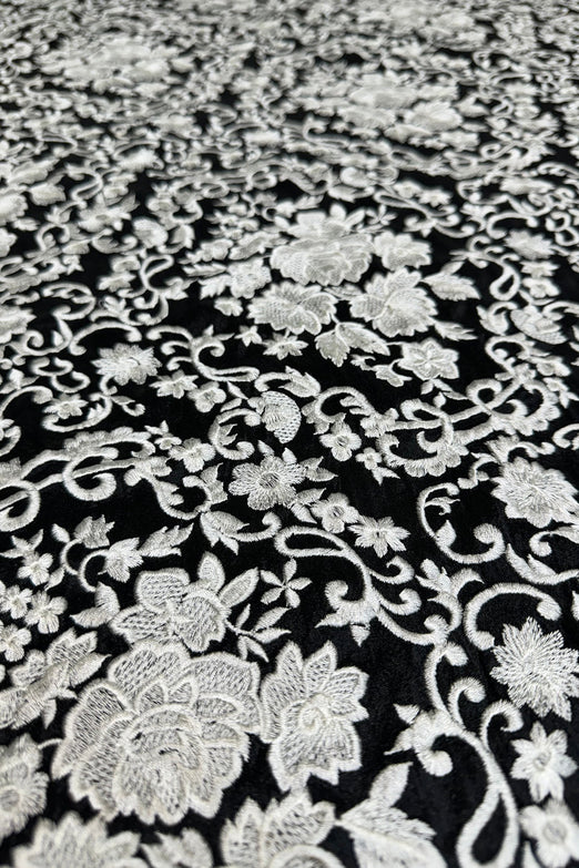 White Flowers on Black Embroidered Silk