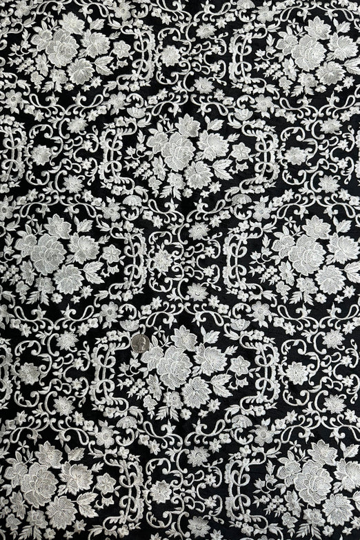White Flowers on Black Embroidered Silk