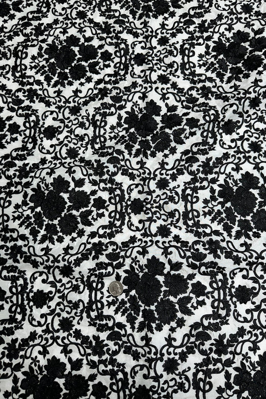 Black Flowers on White Embroidered Silk