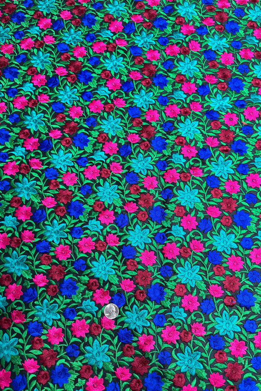 Bright Flowers on Black Embroidered Silk
