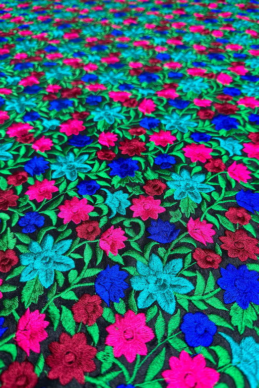 Bright Flowers on Black Embroidered Silk