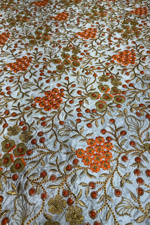 Orange-Gold Flowers on Cream Embroidered Silk