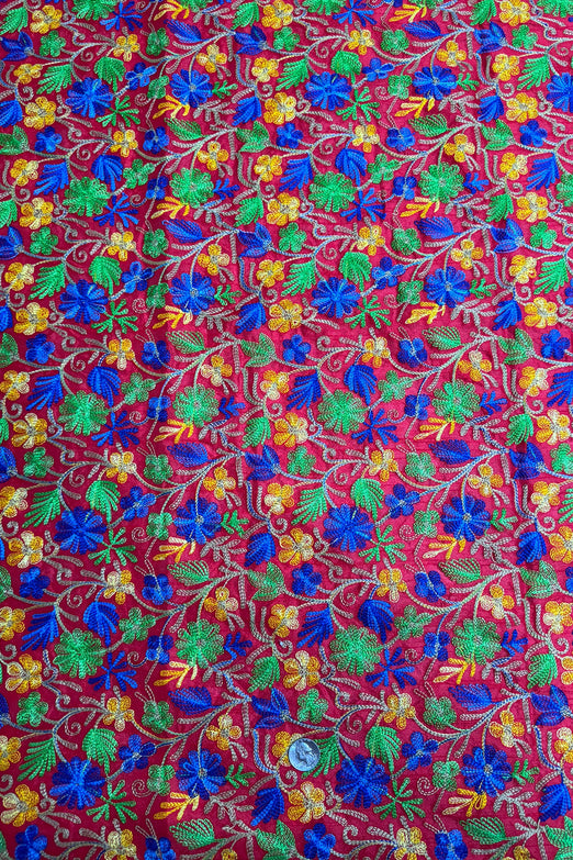 Multicolor Flowers on Red Embroidered Silk