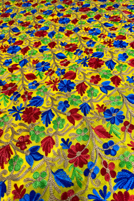 Blue-Red Flowers on Mustard Embroidered Silk