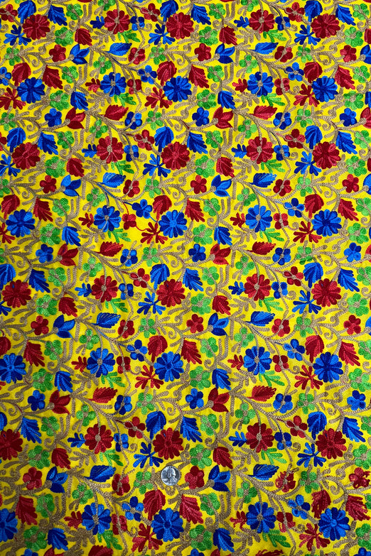 Blue-Red Flowers on Mustard Embroidered Silk