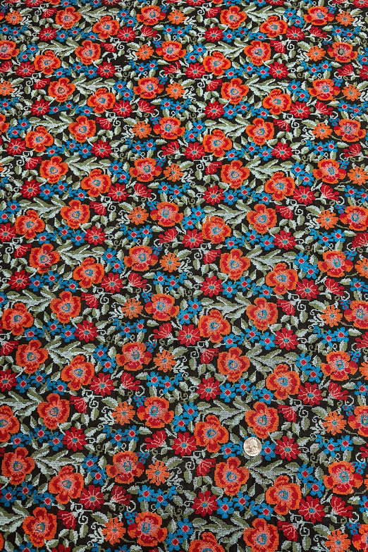 Peach-Red-Blue Flowers Embroidered Silk