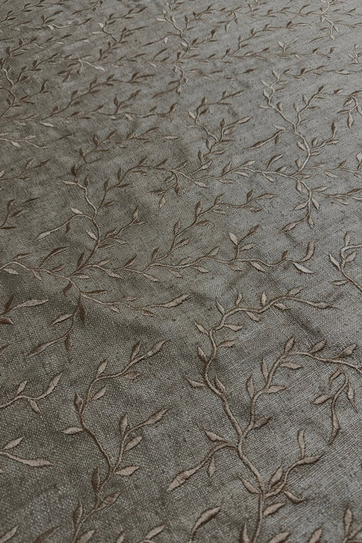 Khaki Embroidered Silk Linen MEMT-017-B