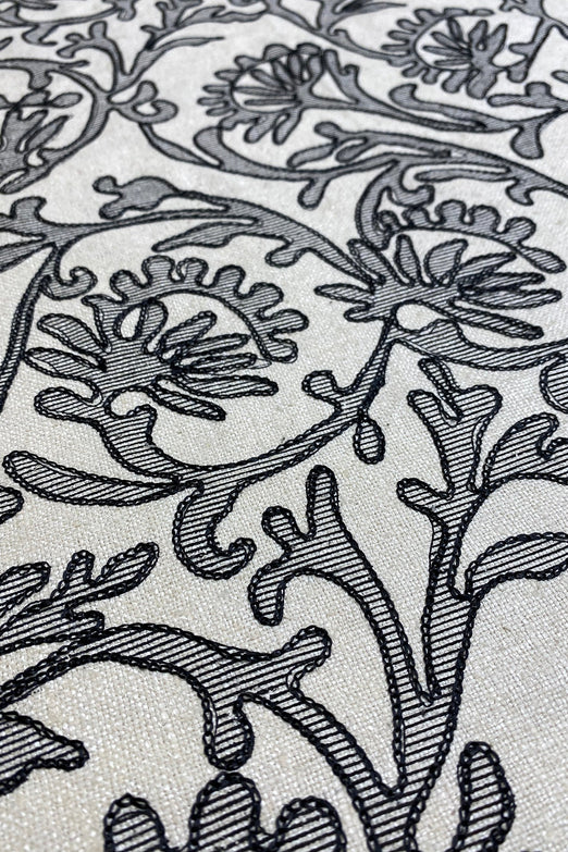 Cream & Black Embroidered Silk Linen MEMT-033-01