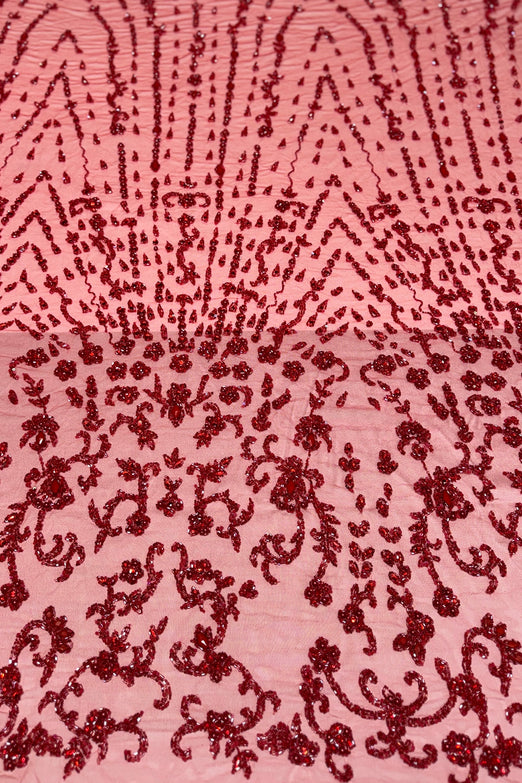 Red Beading on Red Tulle Embroidery