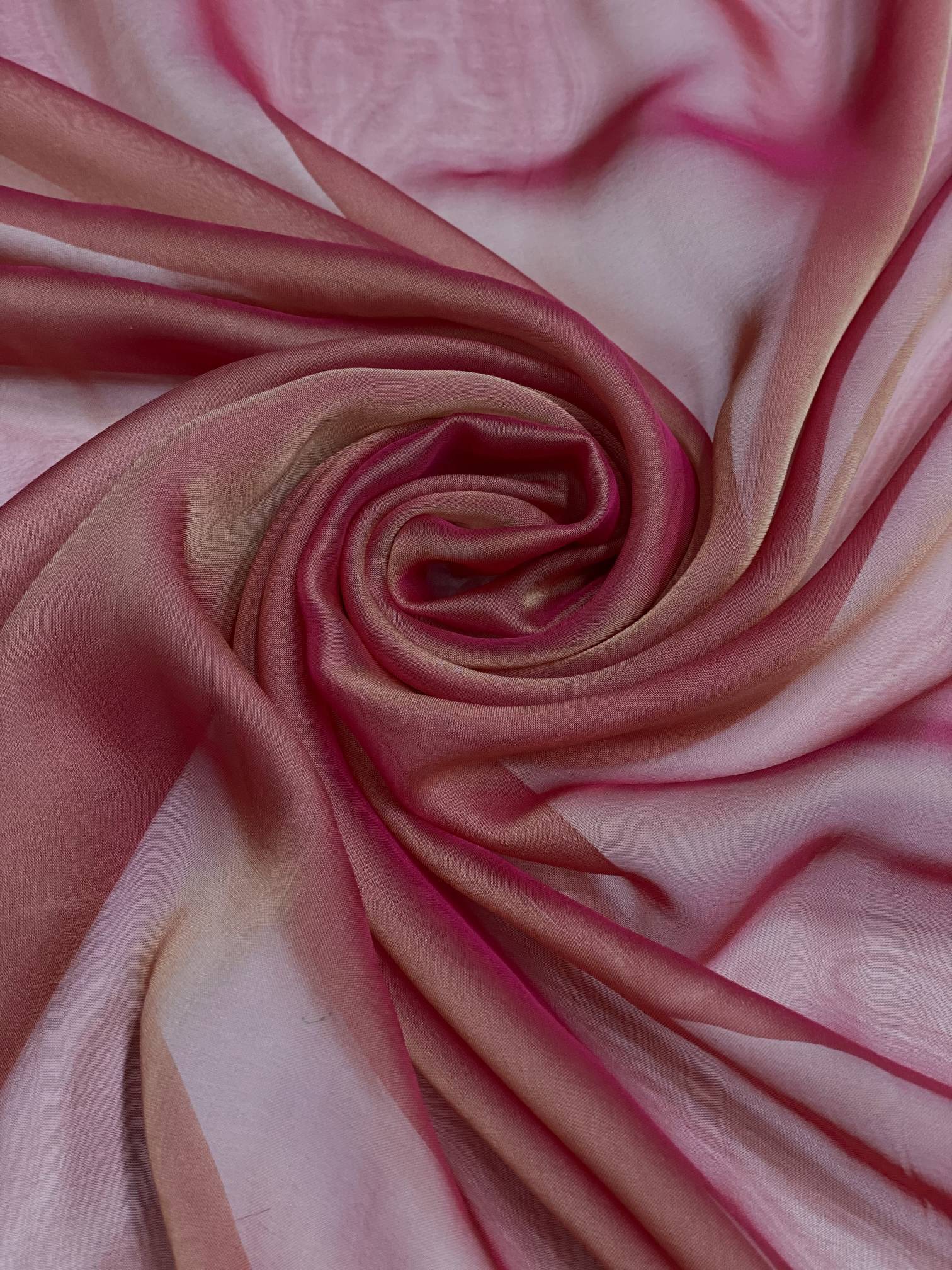 Printed silk chiffon fabric fuchsia and pink geometric with satin bands (2  meters)