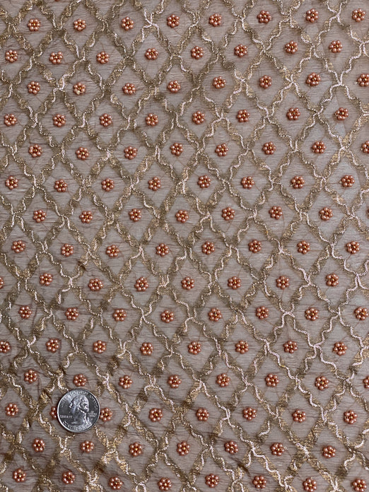 Copper Sequin & Beads On Silk Chiffon JEC-001-7 Fabric