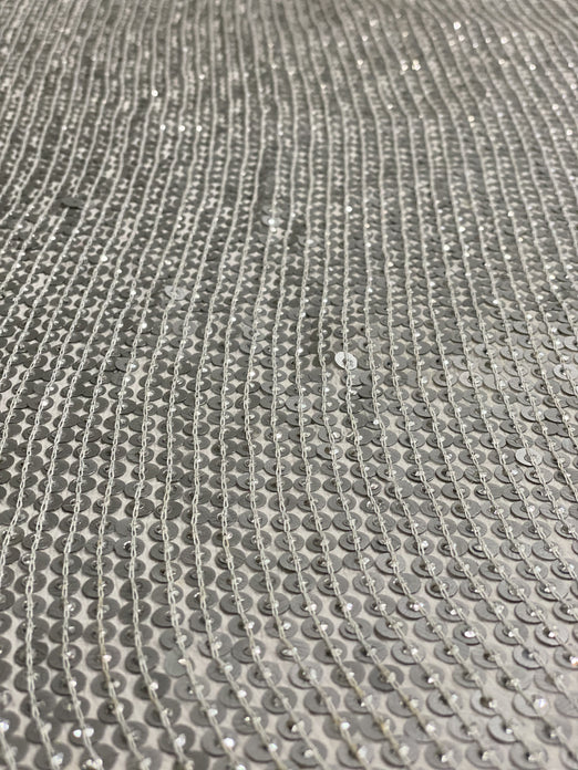Matte Silver Sequin & Beads On Silk Chiffon JEC-009-5 Fabric