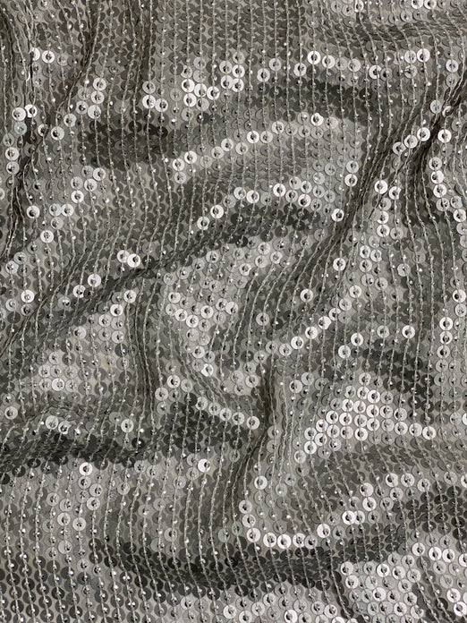 Matte Silver Sequin & Beads On Silk Chiffon JEC-009-5 Fabric